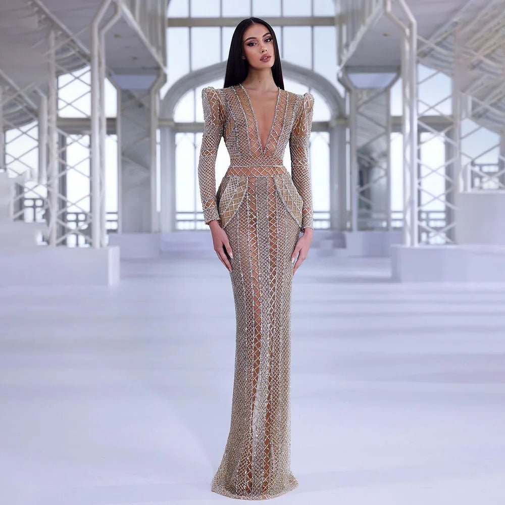 Serene Hill 2024 Women Wedding Party Dubai Gowns Beige Illusion Cut Out Lace Beaded Mermaid Long Evening Dresses LA72343