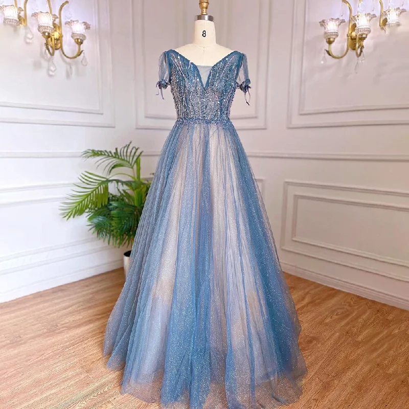 Serene Hill A-Line Blue Luxury Evening Dresses Gowns 2024 Beaded Short Sleeves Lace Up Arabic For Women Party LA70840