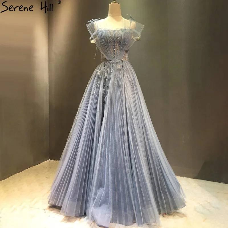 Serene Hill A-Line Blue Tulle Evening Dresses Gowns 2024 Beading Flowers Sexy For Women Party LA71149