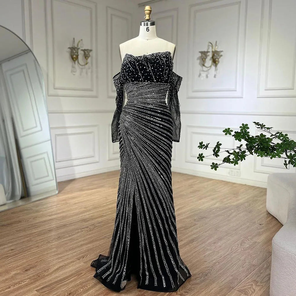 Serene Hill Arabia Black Elegant Strapless Split Mermaid Beaded Evening Dresses Gowns for Women Wedding Party 2024 LA72514