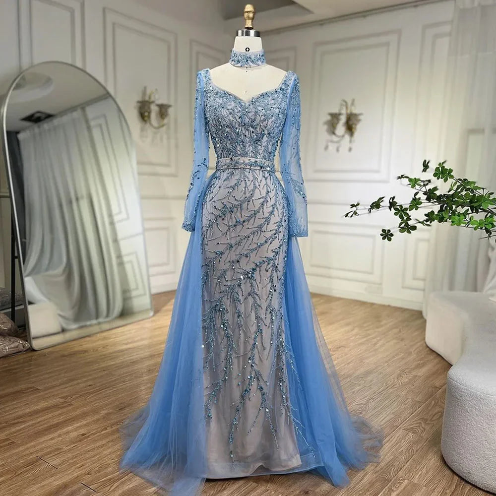 Serene Hill Arabia Blue Mermaid Elegant With Overskirt Luxury Dubai Evening Dresses Gowns For Women Wedding Party 2024 LA71653E