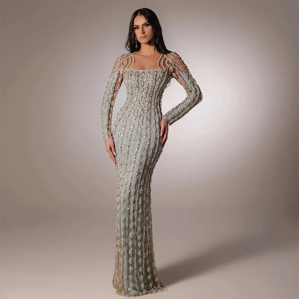 Serene Hill Arabia Gray Mermaid Floor Length Luxury Beaded Cut Out Evening Dresses Gowns For Women Wedding Party 2024 LA72292