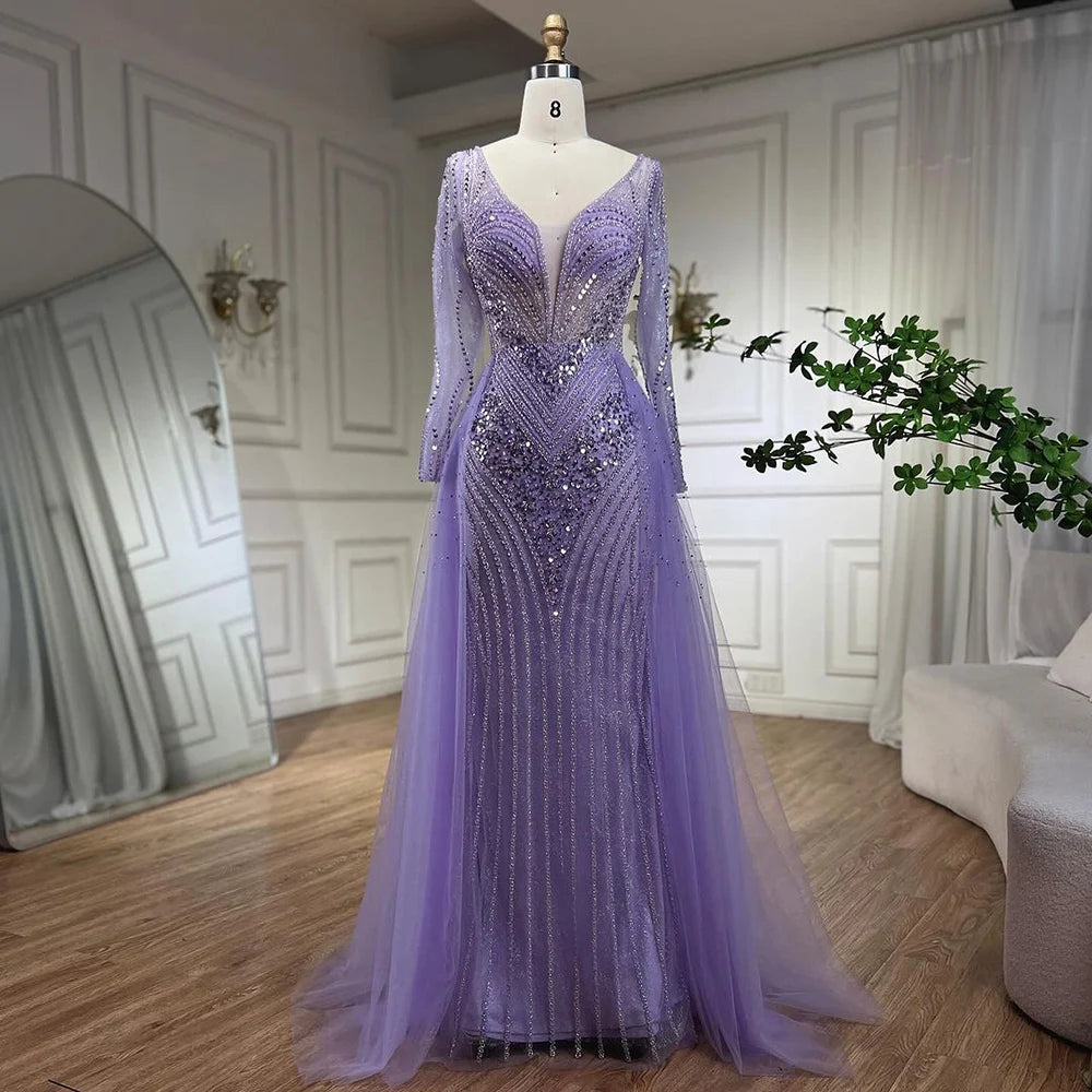 Serene Hill Arabia Lilac Elegant With Overskirt Luxury Beaded Mermaid Evening Dresses Gowns For Women Wedding Party 2024 LA72297