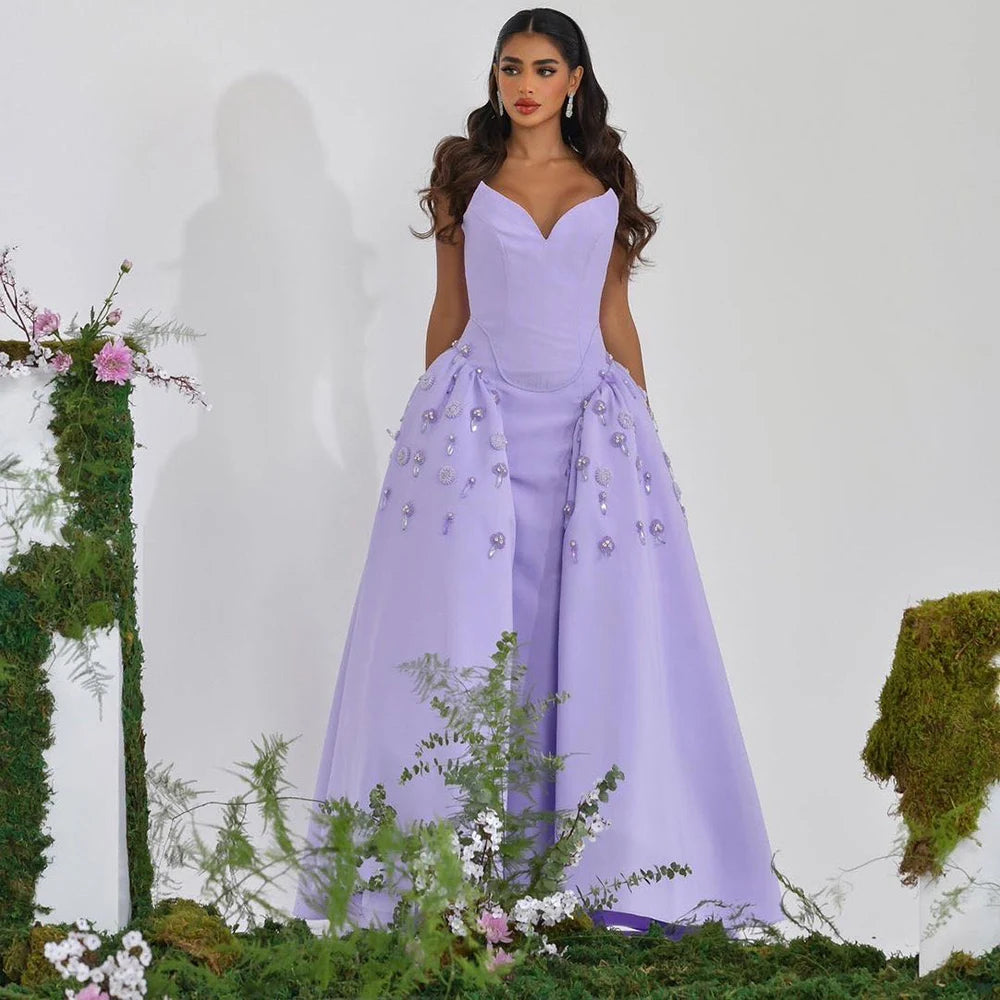 Serene Hill Arabia Lilac Satin A Line Sexy Strapless Beaded Luxury Evening Dresses Gowns For Women Wedding Party 2024 LA72229