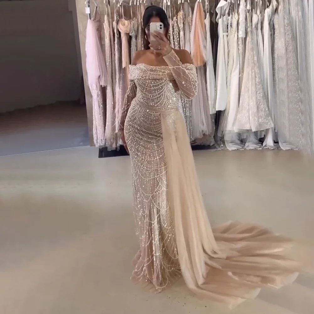 Serene Hill Arabia Nude Mermaid Boat Neck With Overskirt Luxury Evening Dresses Gowns 2024 For Women Wedding Party LA72254