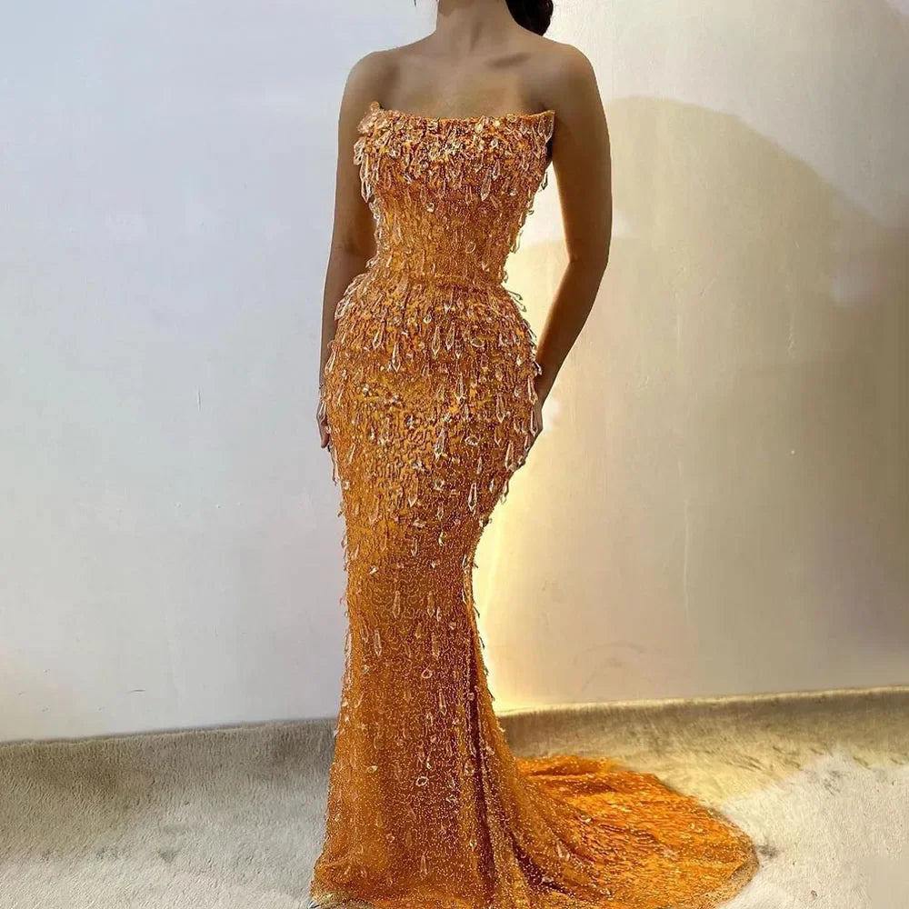 Serene Hill Arabia Orange Mermaid Strapless Luxury Beaded Crystal Evening Dresses Gowns for Women Wedding Party 2024 LA72402