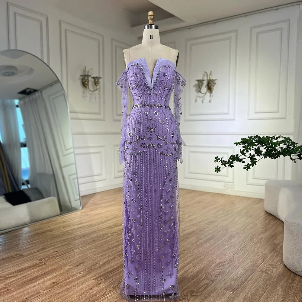 Serene Hill Arabian Lilac Mermaid Strapless Luxury Beaded Evening Gown with Glove Sleeves for Women - Wedding Party 2024 LA72333