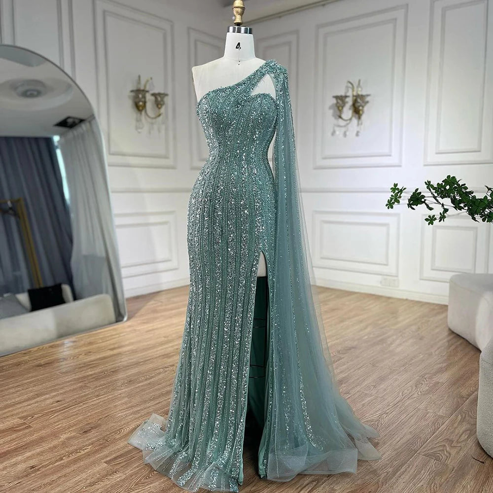 Serene Hill Arabic Beaded One Shoulder Cape Sleeves Turquoise Mermaid Evening Dresses Gowns For Women Wedding Party 2024 LA72284