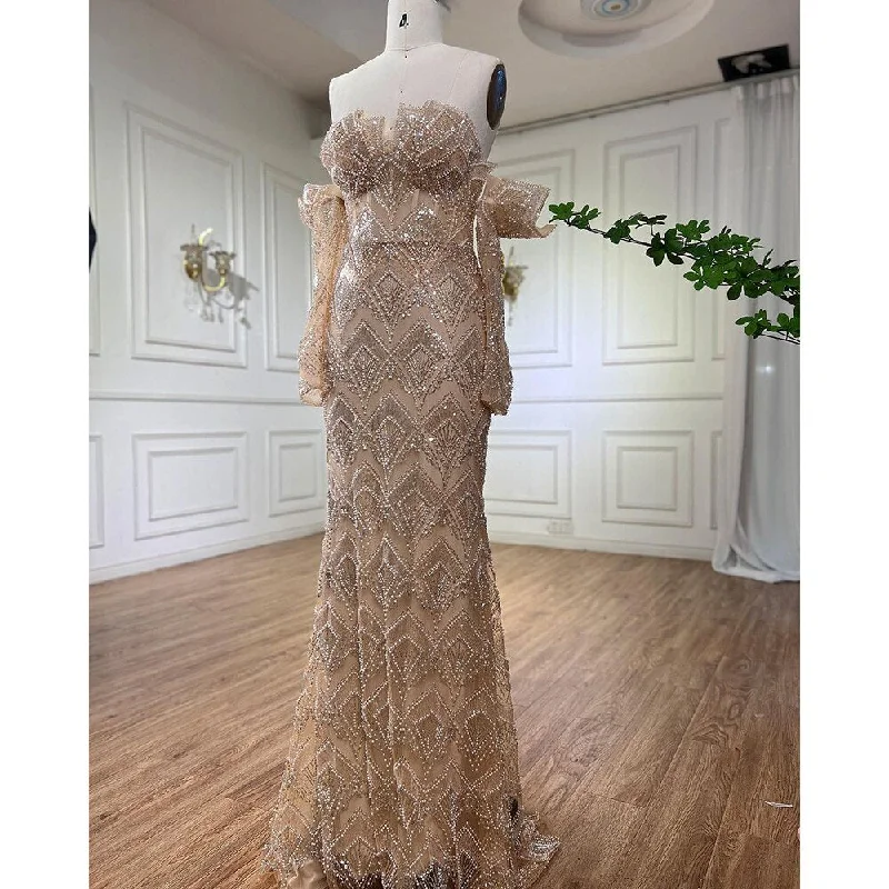 Serene Hill Arabic Beige Elegant Mermaid Sexy Boat Neck Pearls Beaded Dubai Evening Dresses Long Luxury 2024 Celebrity LA71908