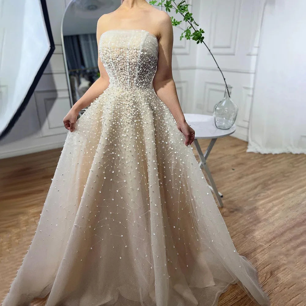 Serene Hill Arabic Beige Strapless Beaded Elegant A Line Long Evening Dresses Gowns For Women Wedding Party 2024 LA72009