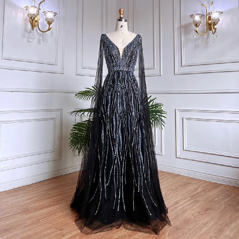 Serene Hill Arabic Black A Line Cape Sleeves V Neck Beaded Long Evening Dresses Gowns For Women Wedding Party 2024 LA71960