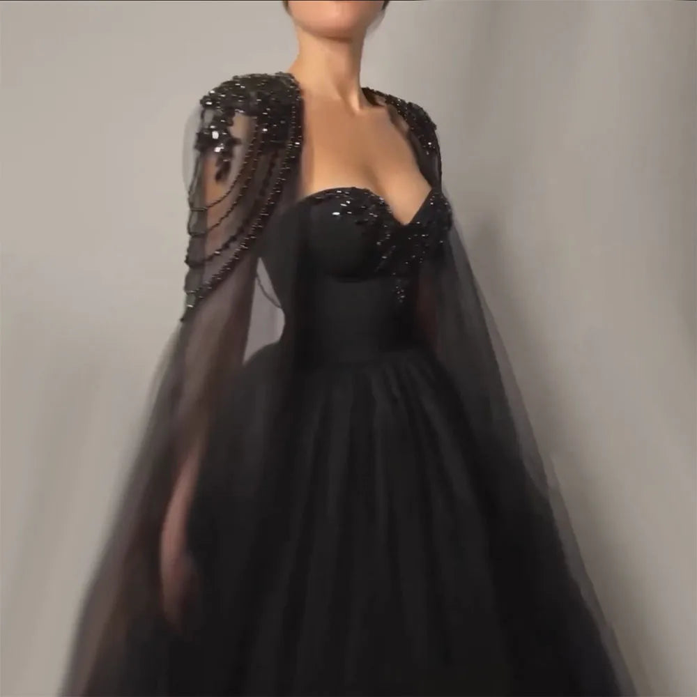 Serene Hill Arabic Black Elegant Cape Sleeve A Line Beaded Lace Up Evening Dresses Gowns For Women Wedding Party 2024 LA72392