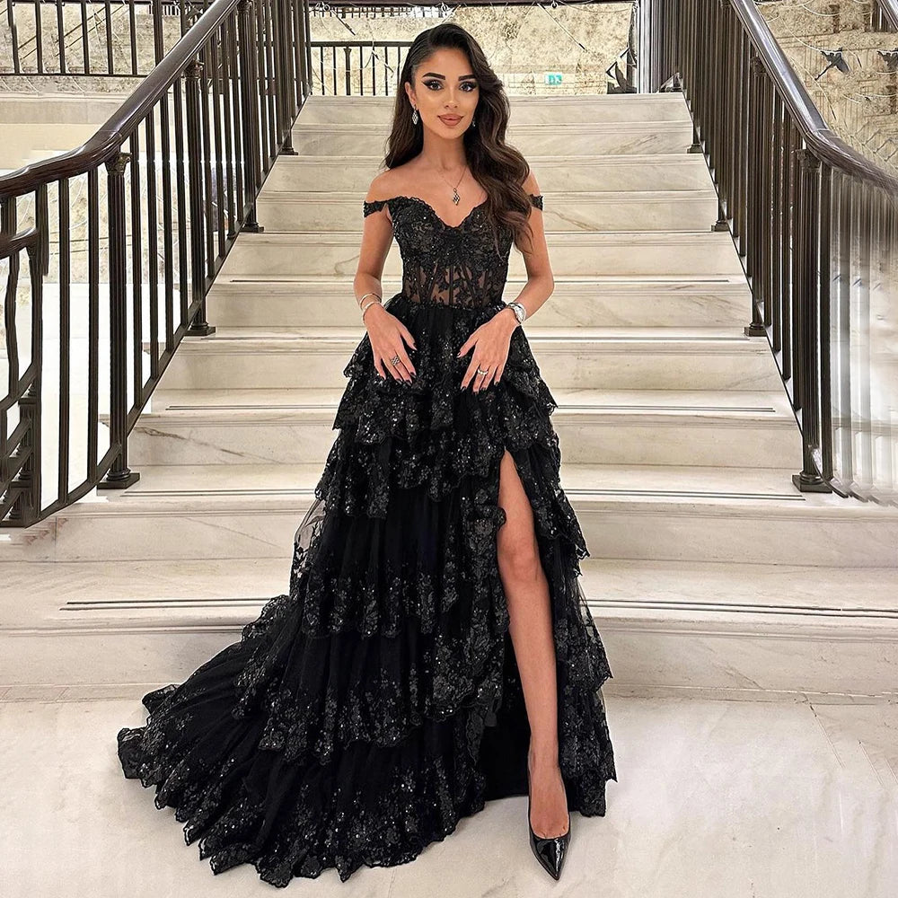 Serene Hill Arabic Black High Split Spaghetti Strap A Line Lace Beaded  Evening Dresses Gowns For Women Wedding Party LA72586