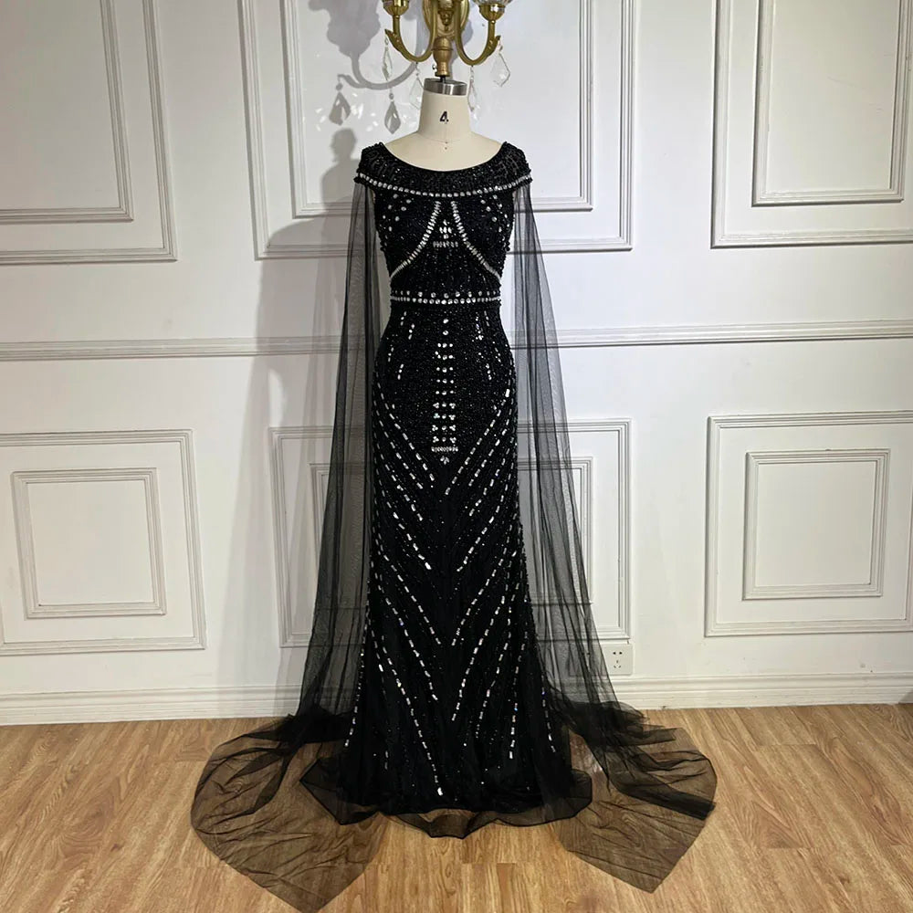 Serene Hill Arabic Black Mermaid Gown with Cape Sleeves and Beaded Luxury | Evening Dresses for Women Wedding Party 2024 LA72423