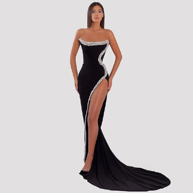 Serene Hill Arabic Black Mermaid Sexy High Split Off The Shoulder Beads Evening Dresses Gowns 2024 For Woman Party LA72016