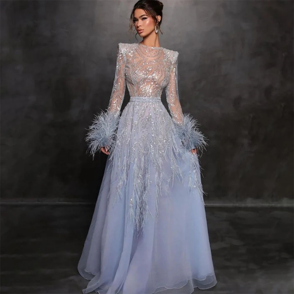 Serene Hill Arabic Blue A Line  Beaded Feathers Luxury Dubai Long Evening Dresses Gowns For Women Wedding Party 2024 LA71993