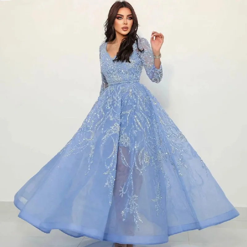 Serene Hill Arabic Blue A-Line Evening Dresses Gowns Luxury Beaded Long Sleeves 2024 For Woman Party LA71596