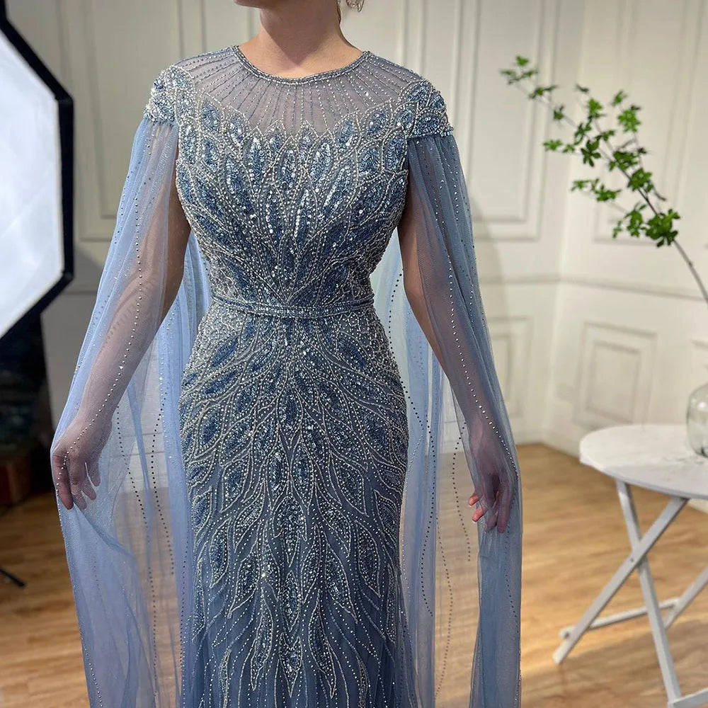 Serene Hill Arabic Blue Cape Sleeves Mermaid Beaded Luxury Long Evening Dresses Gowns For Women Wedding Party 2024 LA71999