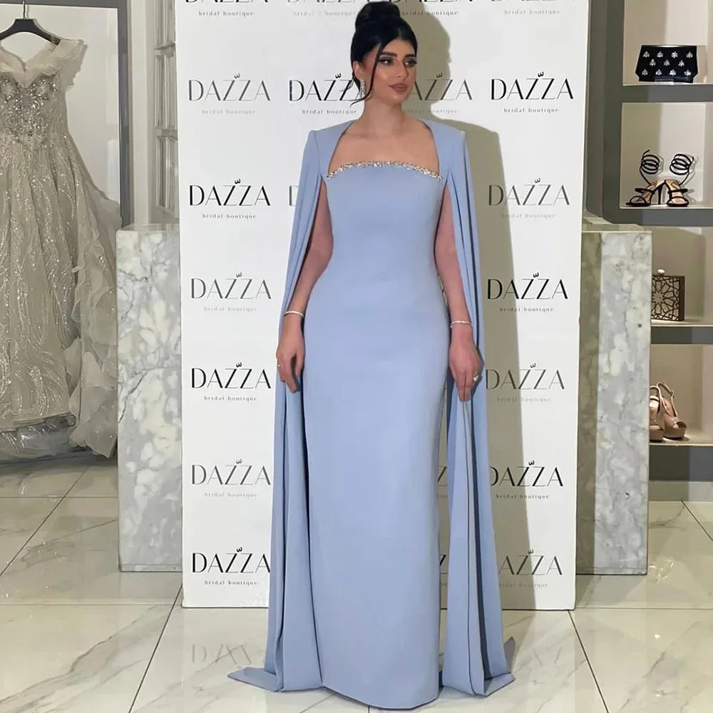 Serene Hill Arabic Blue Mermaid Elegant Cape Sleeves Beaded Satin Luxury Evening Dresses Gowns 2024 For Women Party LA72200