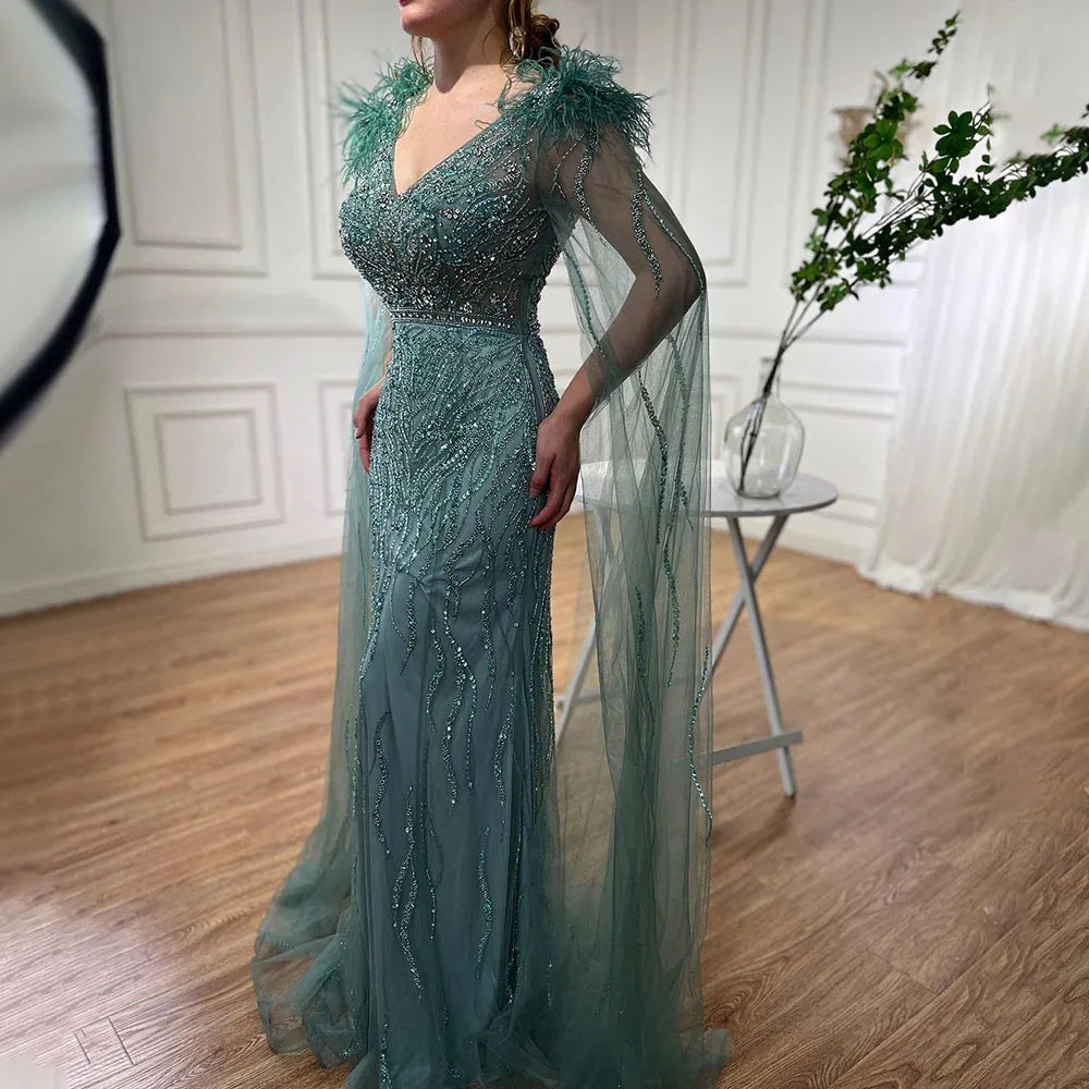 Serene Hill Arabic Blue Mermaid Elegant Cape Sleeves Feather Luxury Beaded Evening Dresses Gowns 2024 For Woman Party LA71780