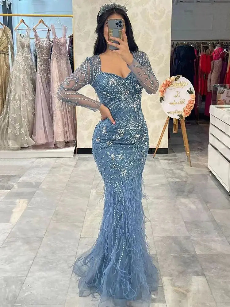 Serene Hill Arabic Blue Mermaid Elegant Feather Beaded Evening Dresses Gowns For Women Party 2024 LA71818