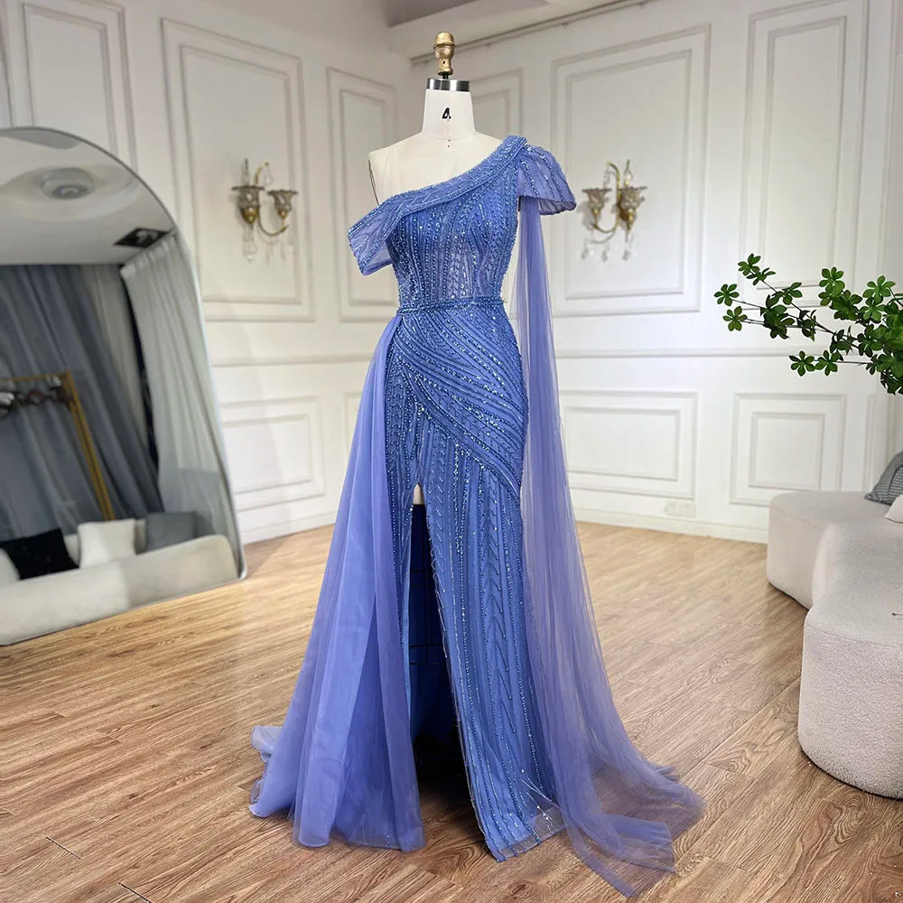 Serene Hill Arabic Blue One-Shoulder Yellow High-Split Mermaid Beaded Evening Gown for Women | Wedding Party 2024 LA72596