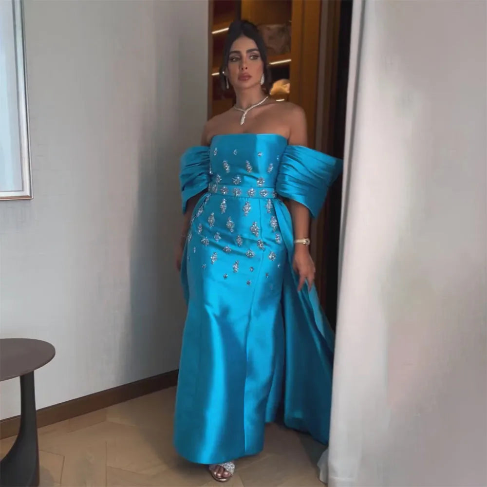 Serene Hill Arabic Blue Satin Mermaid Strapless Puff Sleeves Beaded Evening Dresses Gowns for Women Wedding Party 2024 LA72405