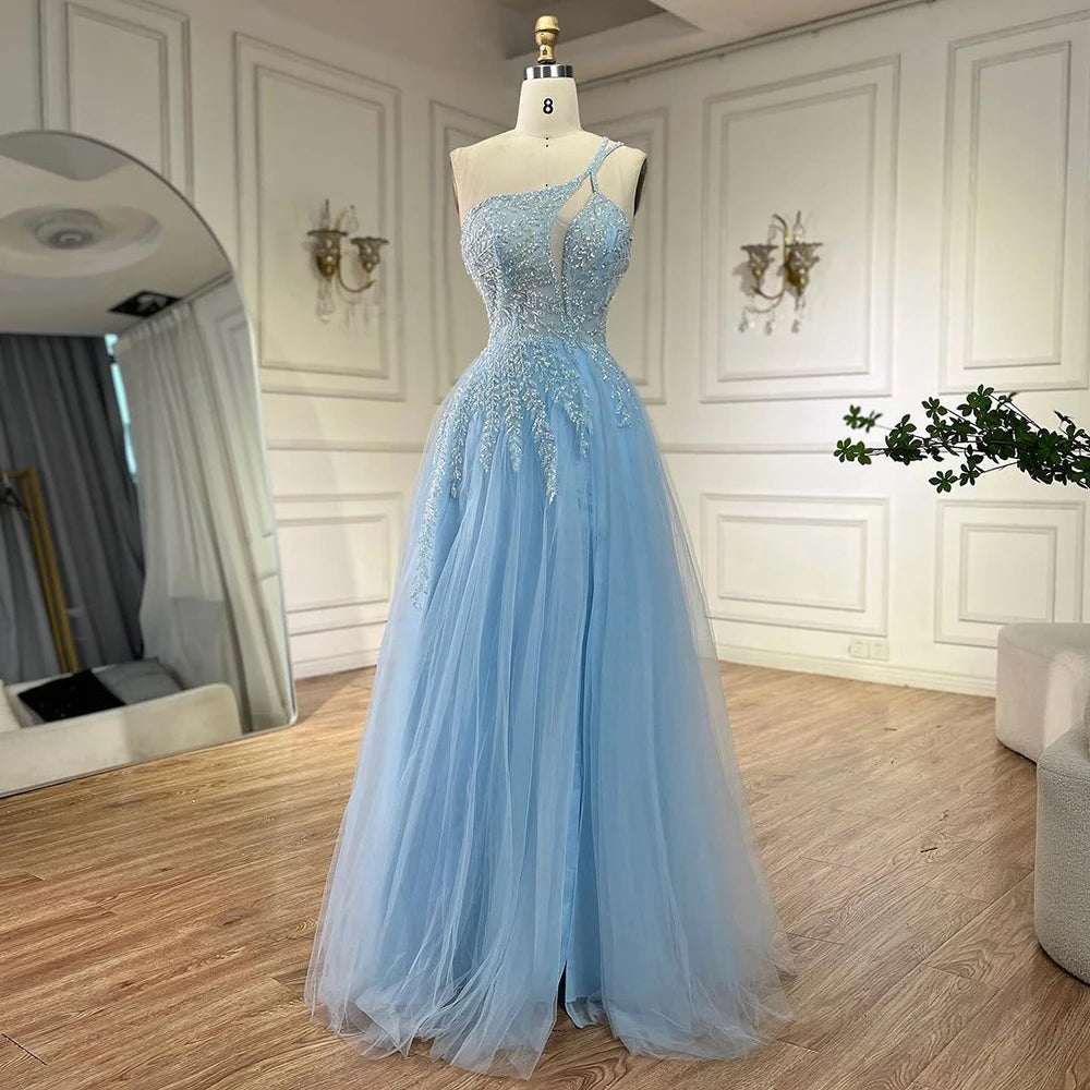 Serene Hill Arabic Blue Spaghetti Strap A Line One Shoulder Beaded Luxury Evening Dresses Gowns for Women's Party 2024 LA72589