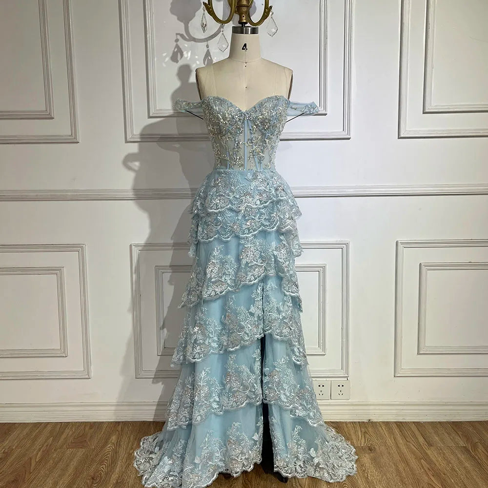 Serene Hill Arabic Blue Spaghetti Strap Tiered Beaded Evening Gown with Front Split for Women - Wedding Party 2024 LA72593