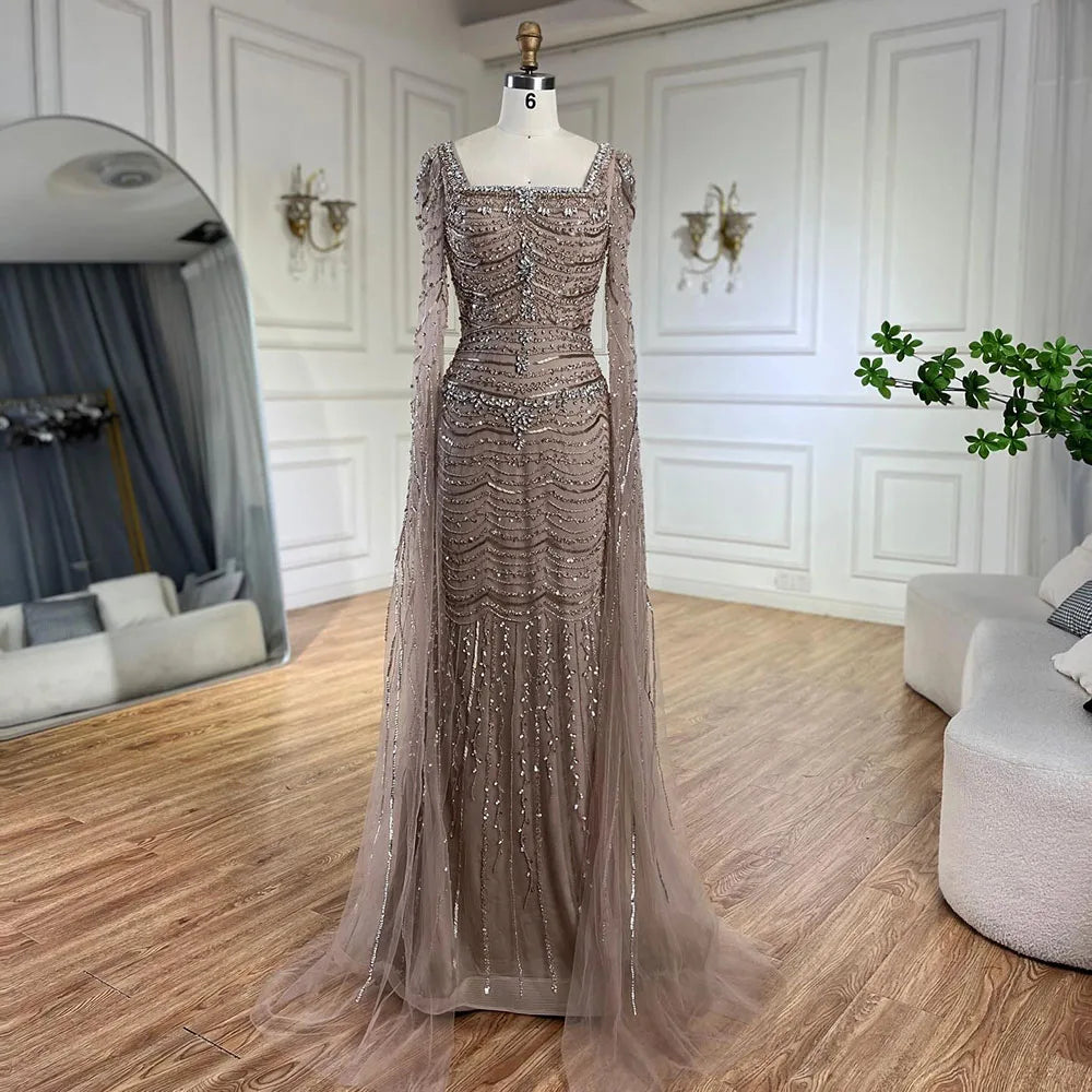 Serene Hill Arabic Caramel Mermaid Long Evening Dress with Beaded Cape Sleeves Gown for Women's Wedding Party 2024 LA72604