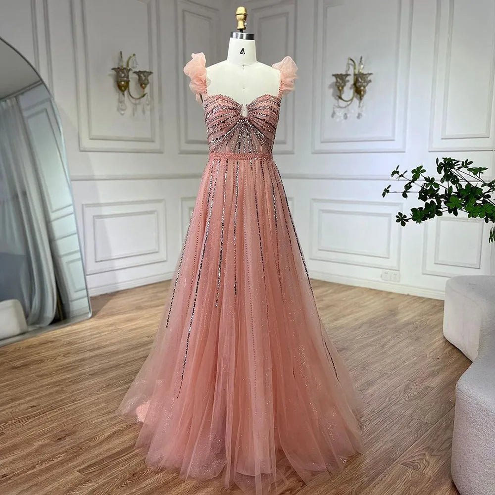 Serene Hill Arabic Elegant Peach Beaded A-Line Evening Gown 2024 Boat Neck Luxury Dress for Women Long Party Dress LA72324