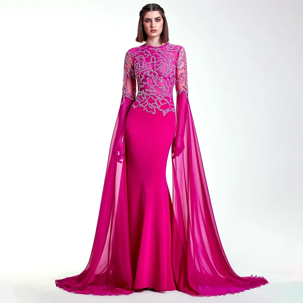 Serene Hill Arabic Fuchsia Mermaid Cape Sleeves Luxury Dubai Evening Dress Beaded With Gloves for Women's Party 2024 LA72509