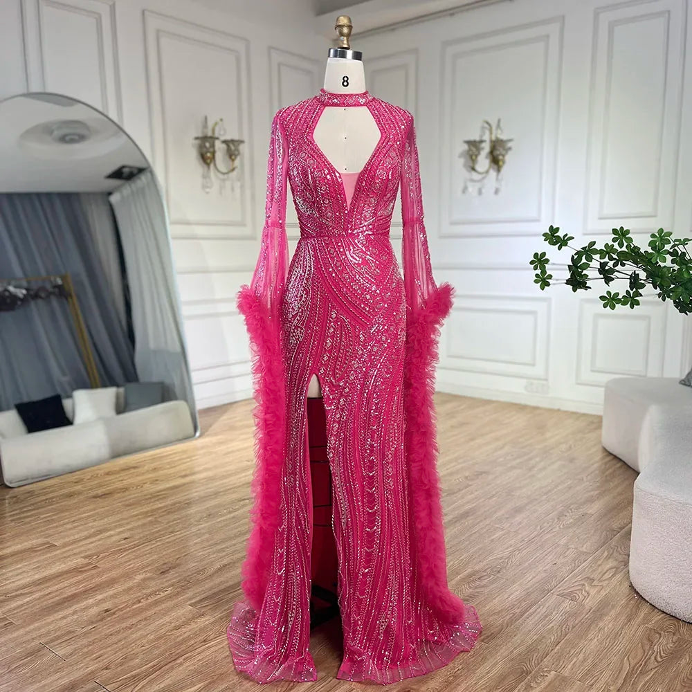 Serene Hill Arabic Fuchsia Mermaid Gown with Bell Sleeves and Beaded Feathers | Evening Gowns for Women - Wedding Party LA72597