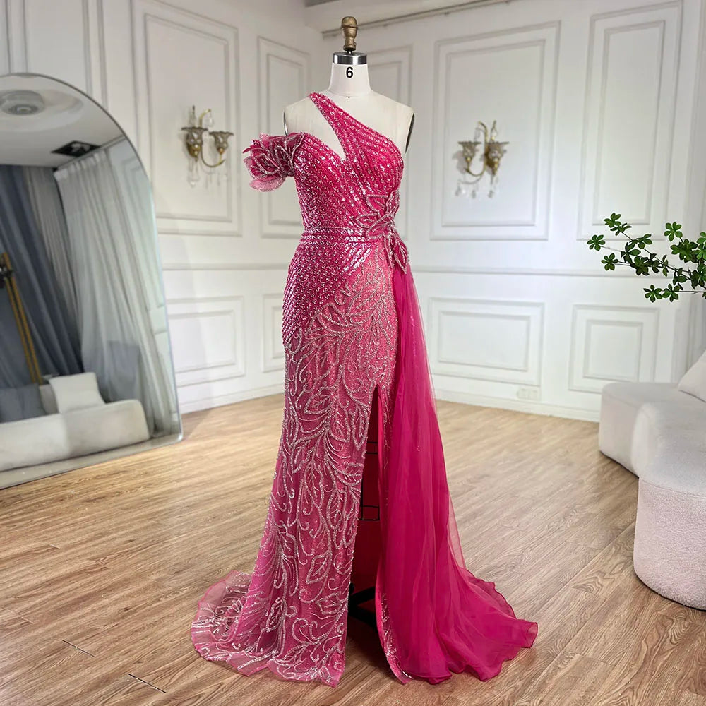 Serene Hill Arabic Fuchsia One-Shoulder Tulle Overskirt Mermaid Beaded Evening Gown for Women | Wedding Party 2024 LA72599