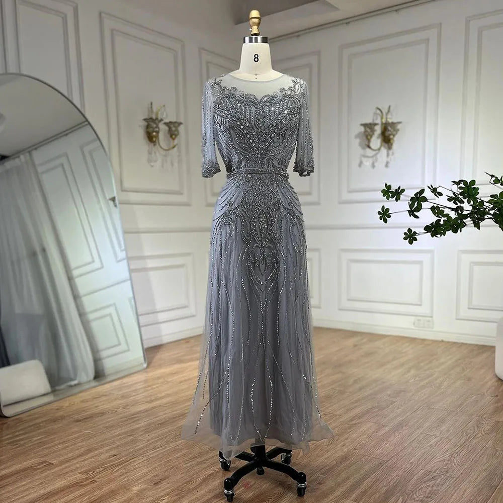 Serene Hill Arabic Gray Elegant Tea Length Mermaid Beaded Luxury Evening Dresses Gowns for Women Wedding Party 2024 LA72559