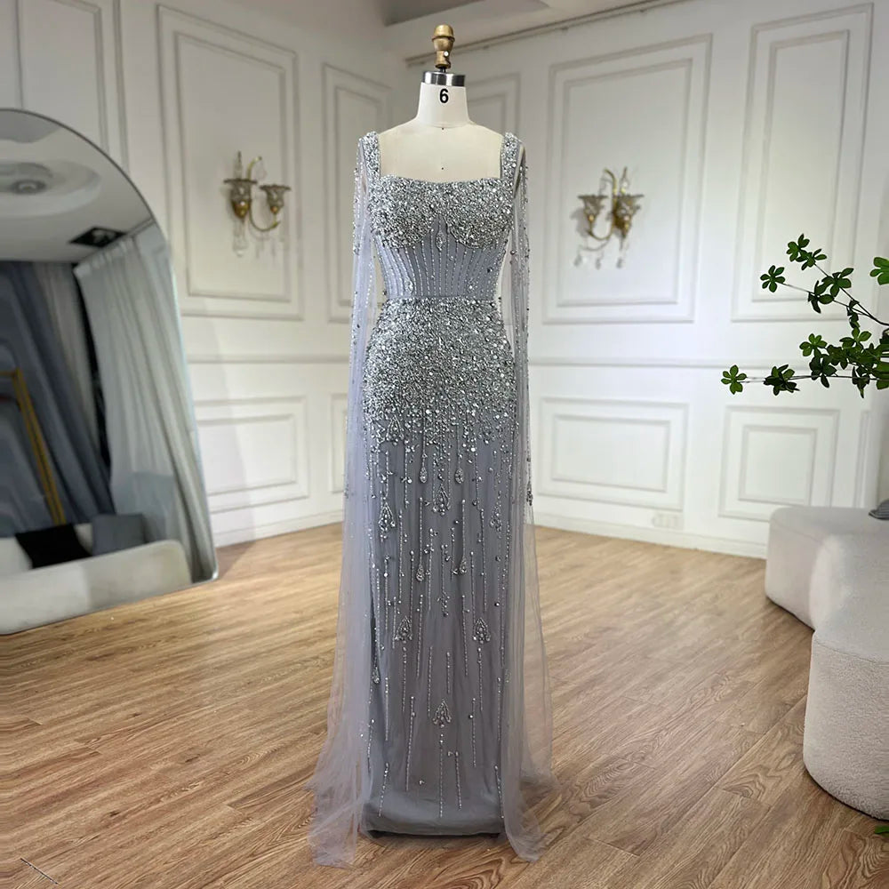 Serene Hill Arabic Gray Mermaid Beaded Luxury Dubai Long Evening Gown with Cape Sleeves Elegant for Women - Party 2024 LA72592