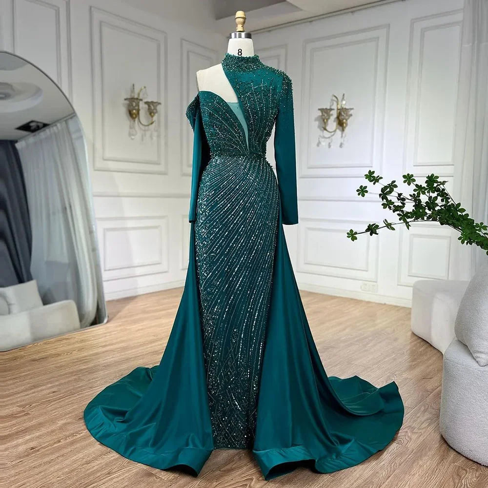 Serene Hill Arabic Green Elegant Mermaid One Shoulder Beaded Luxury Dubai Evening Dresses Gowns For Women Wedding Party LA72550