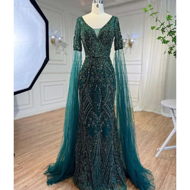 Serene Hill  Arabic Green Mermaid Elegant Beaded Evening Dresses With Cape Sleeves Gowns For Women  Wedding Party 2024 LA72131