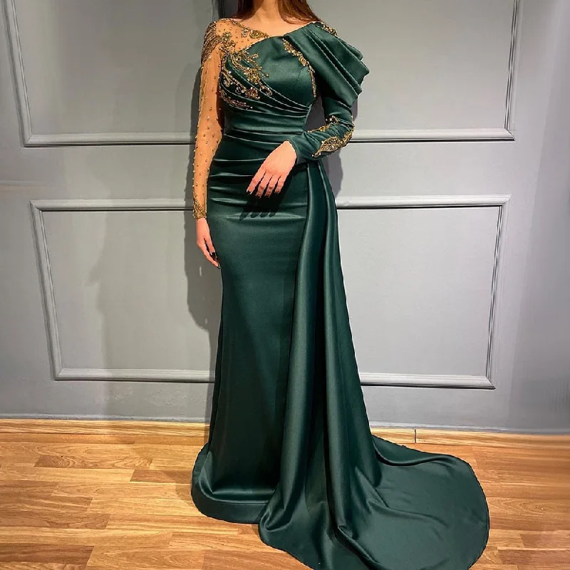 Serene Hill Arabic Green Mermaid V-Neck Evening Dresses Gowns Elegant Overskirt Luxury Lace Beaded 2024 For Women Party LA71578