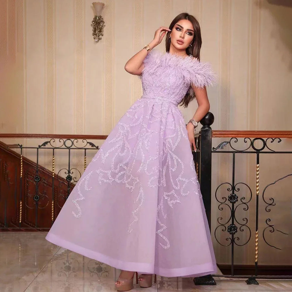 Serene Hill Arabic Lilac A-Line Ankle Length Beaded Feather Luxury Evening Dresses Gowns for Women Wedding Party 2024 LA71932