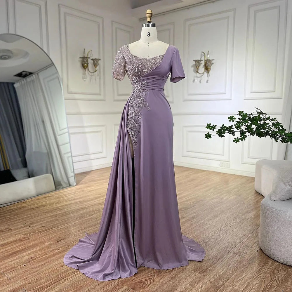 Serene Hill Arabic Lilac Mermaid Elegant Satin Beaded Luxury Dubai Gray Evening Dresses Gowns For Women Wedding Party LA72583