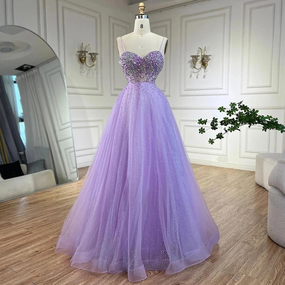 Serene Hill Arabic Lilac Spaghetti Strap A Line Beaded Luxury Dubai Evening Dresses Gowns for Women's Party 2024 LA72571