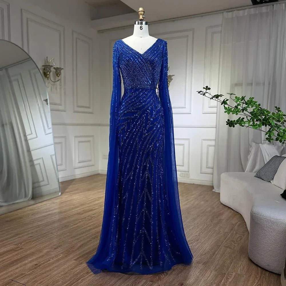 Serene Hill Arabic Mermaid Blue Beaded Elegant Cape Sleeves Luxury Evening Dress Gown For Women Wedding Party 2024 LA71493A