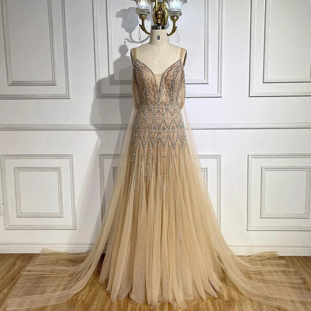 Serene Hill Arabic Nude A Line Spaghetti Strap Beaded Luxury Dubai Evening Dresses Gowns For Women Wedding Party 2024 LA71911L