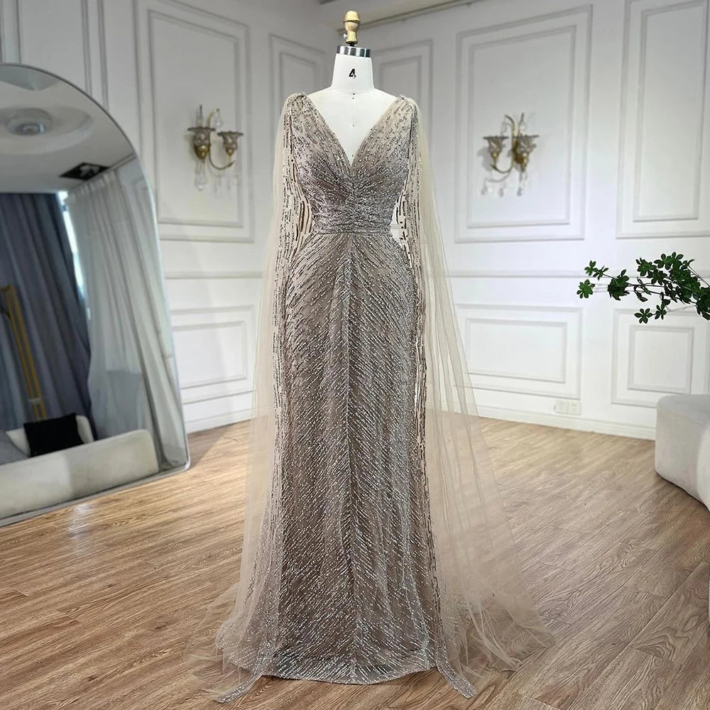 Serene Hill Arabic Nude Luxury Evening Dresses with Cape Sleeves A-Line Beaded and Gown For Women's Wedding Party 2024 LA72573