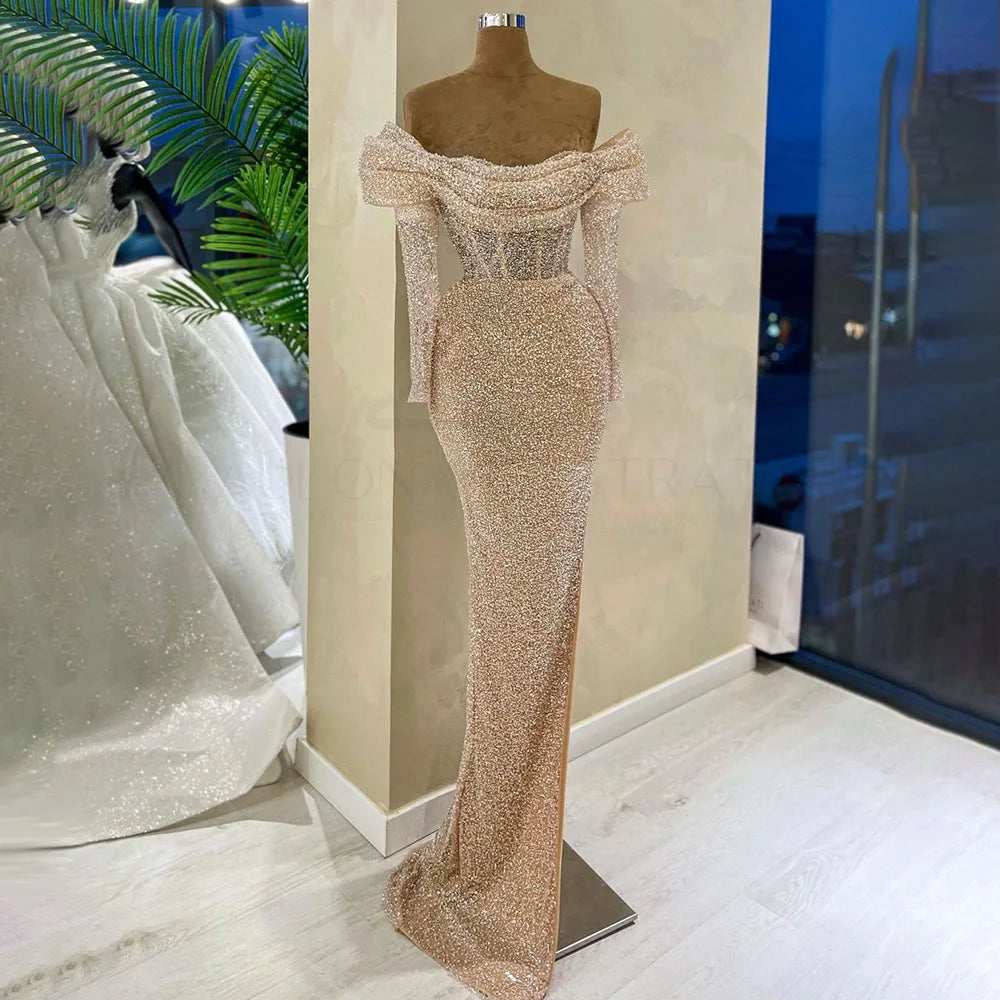 Serene Hill Arabic Nude Mermaid Boat Neck Beaded Luxury Dubai Evening Dresses Gowns For Women Wedding Party 2024 LA72318A