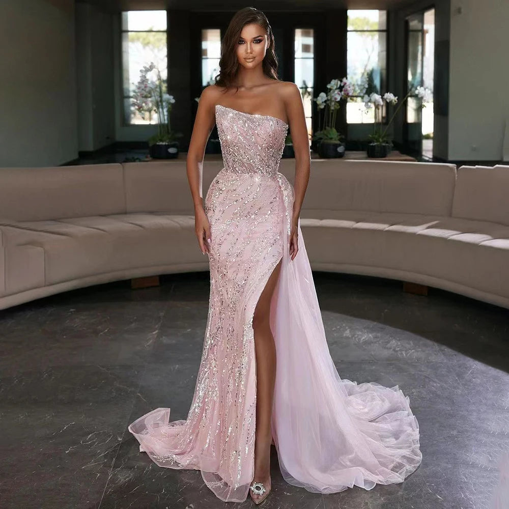 Serene Hill Arabic Pink Mermaid Luxury  Beaded Strapless Elegant Evening Dresses Gowns 2024 For Women Party LA71795