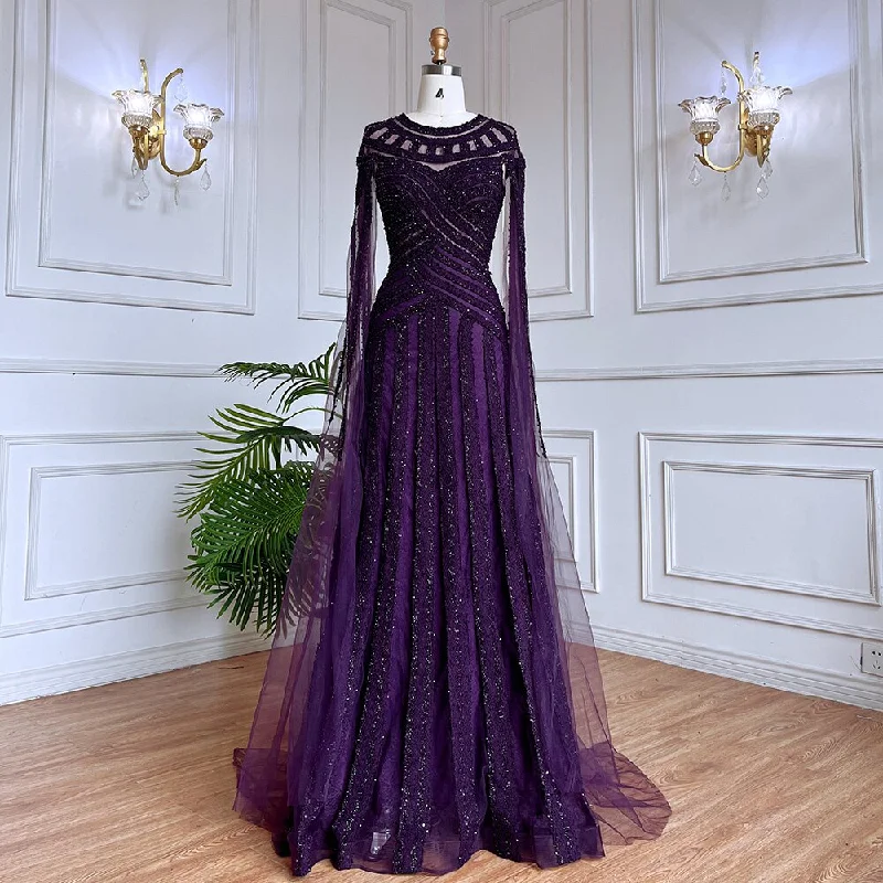 Serene Hill Arabic Purple Elegant Mermaid Cape Sleeves Lace Beaded Evening Dresses Gowns 2024 For Women Wedding Party LA71926