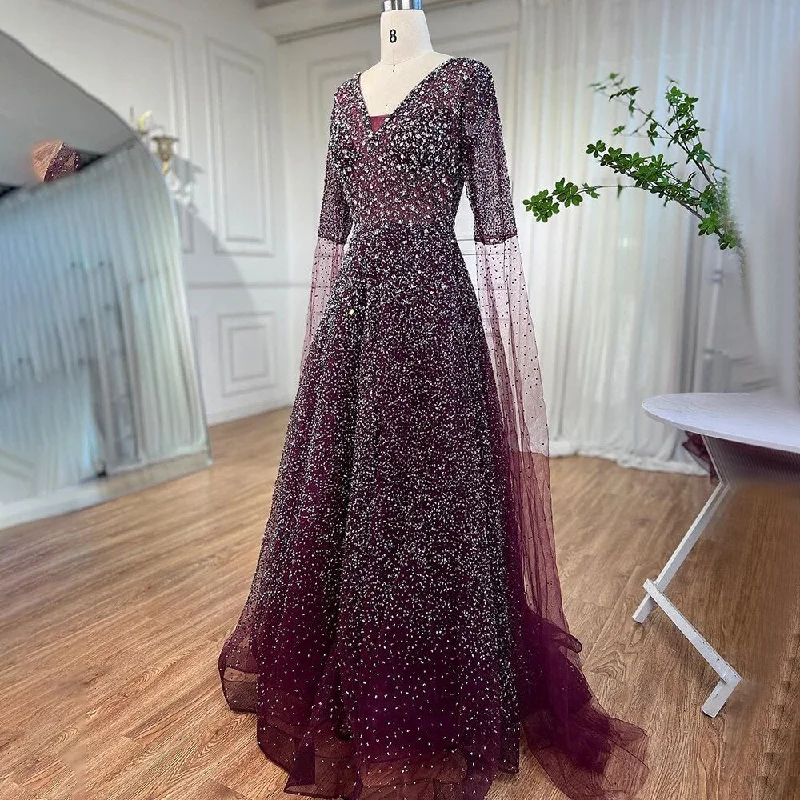 Serene Hill  Arabic Purple A Line Beaded Evening Dresses V Neck With Cape Sleeves Gowns For Women Wedding Party 2024 LA72146