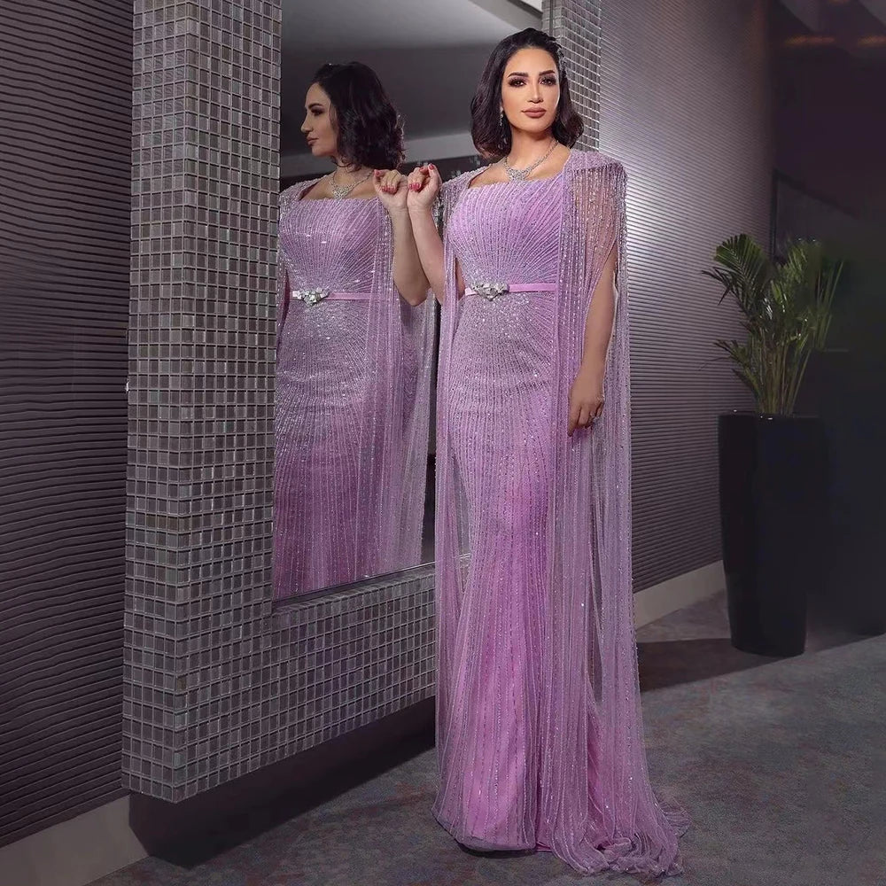 Serene Hill Arabic Purple Mermaid Cape Sleeves Beaded Luxury Dubai Long Evening Dresses Gowns For Women Party 2024 LA71909